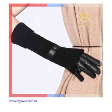 Moda guantes de cuero negro largo para las mujeres